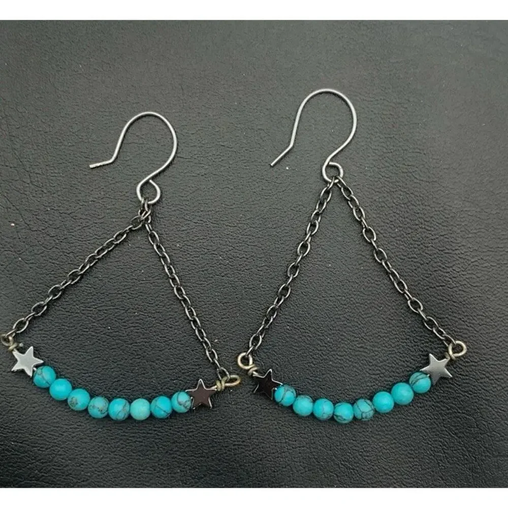 Dark Silver Tone Faux Turquoise With Stars Dangle Boho‎ Southwestern Earrings